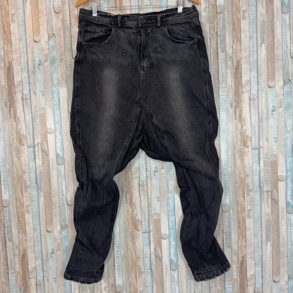 Rundholz Dip Black Exaggerated Drop Crotch Harem Jeans Ruched Back Tapered Leg L